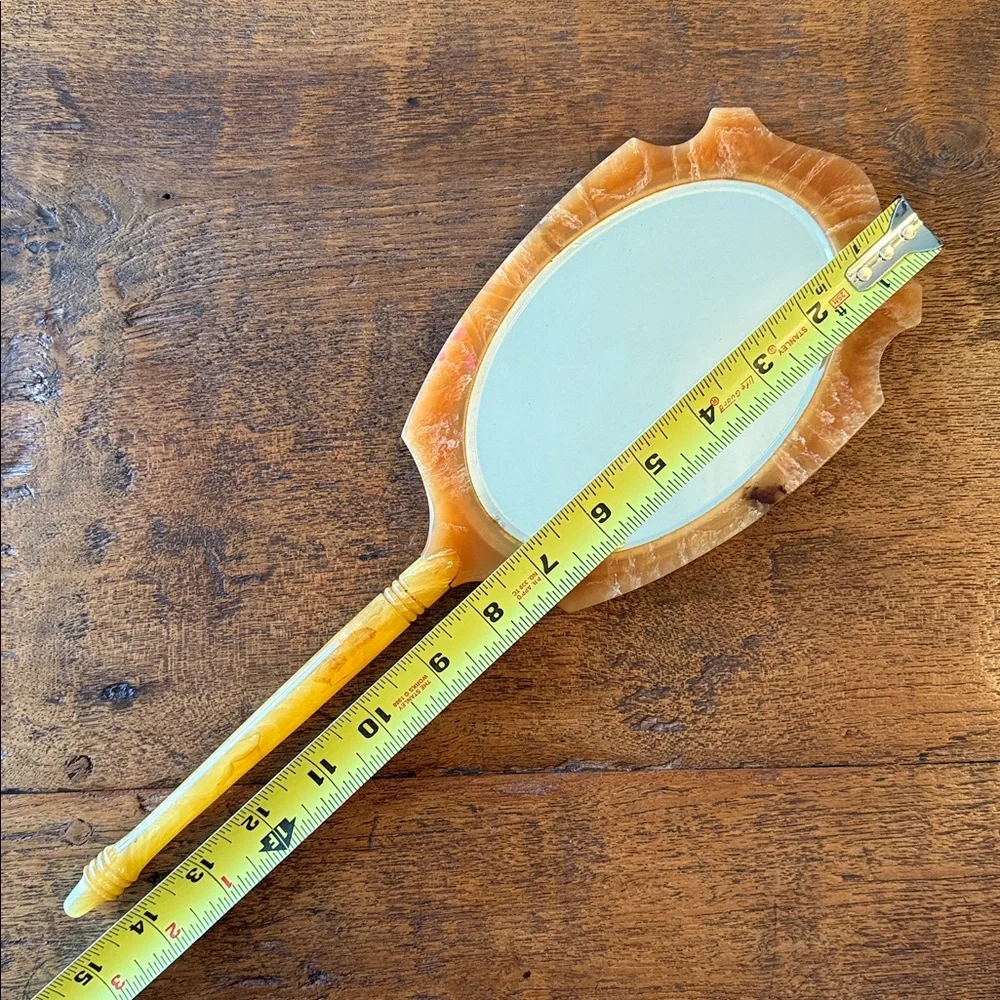 Vintage Handheld Celluloid Vanity Mirror- Marbelized Butterscotch Color